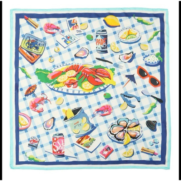 Kate Spade NY Lobster Lunch Silk Square Scarf Blue White Multi NWT Designer Gift